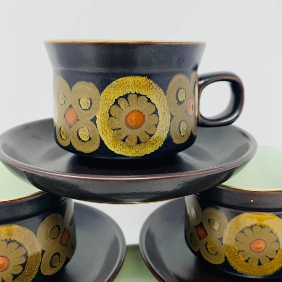 Vintage 1960’s Mod Flower Mug Denby Arabesque 6 Tea Cups And Saucers England - Picture 2 of 8